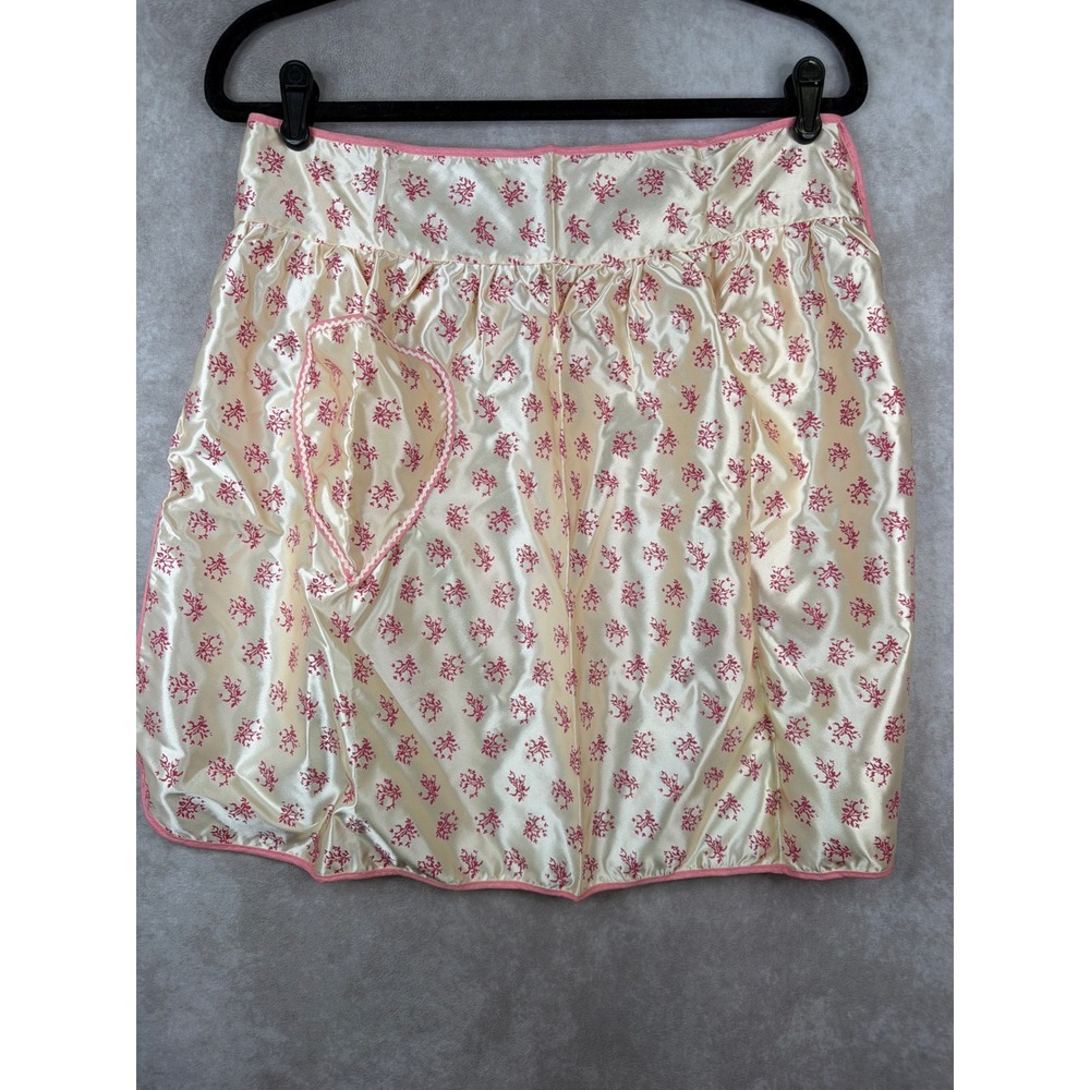 VTG 50s Half Apron Women Cream Pink Satin Tear Pocket Floral Trad Wife Baking‎
